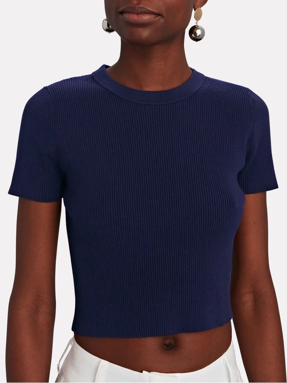 INTERMIX Navy Ribbed Short-Sleeve Crop Top